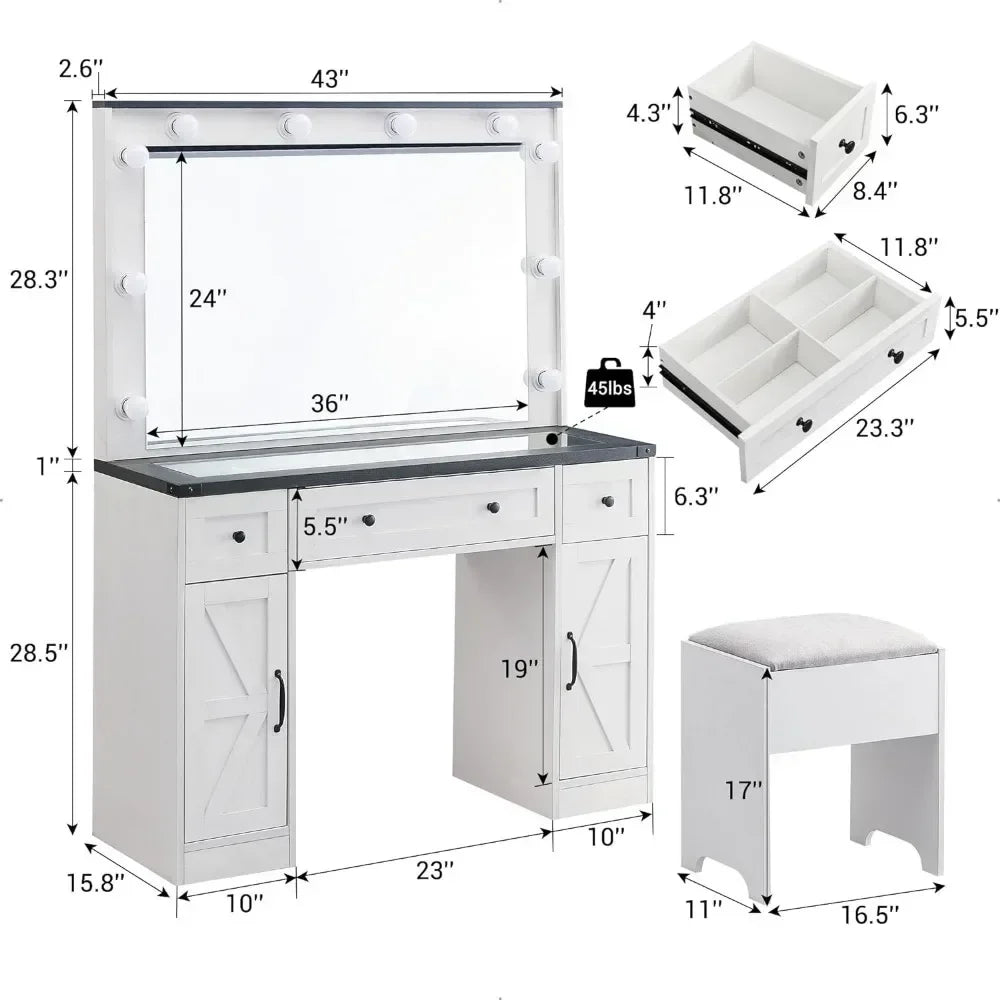 43" Makeup Vanity Desk w/ Mirror & Lights for Bedroom,Farmhouse Dressing Table w/3 Drawers,2 Cabinets & Stool, White/Black/Brown