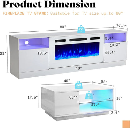 2PCS Living Room Table Sets, Fireplace TV Stand, Coffee Table with Glass Shelves, LED Lights Entertainment Center Sets