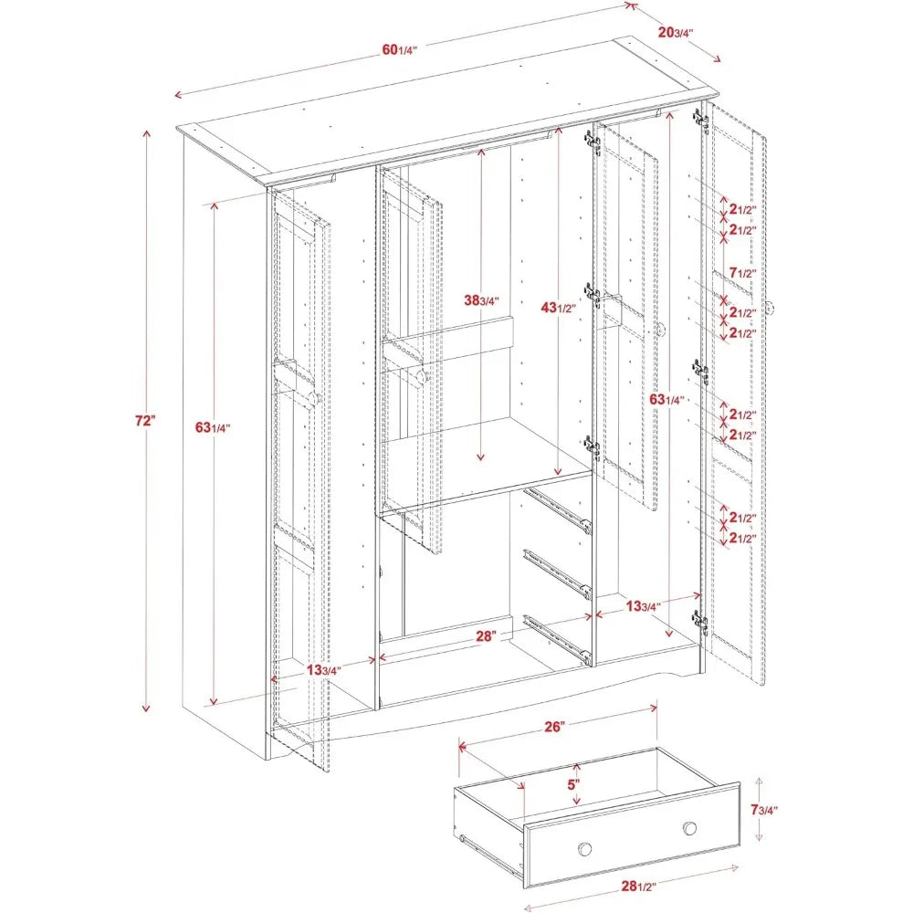 Solid Wood Family Wardrobe Closet/Armoire, Mocha, 3 Clothing Rods Included, 60.25" w x 72" h x 20.75" d, Eco-Friendly Wood