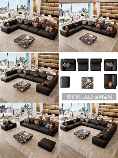 Black leather sofa living room large apartment Italian minimalist modern light luxury top layer