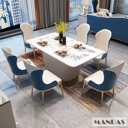 MANBAS Elevate Your Dining Room with Marble Table Set Featuring 6 Leather Chairs and Stainless Steel Design / Kitchen Furniture