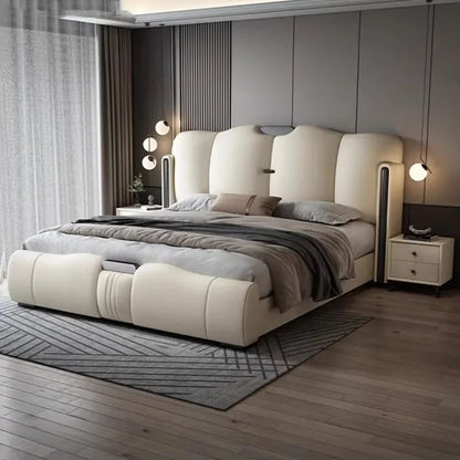 Nordic Modern European Double Bed Waterproof Luxury Salon King Double Bed White Genuine Leather Cama Matrimonial Home Furniture