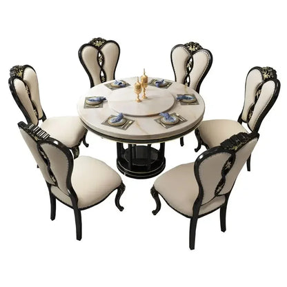 American light luxury solid wood round table luxury ebony European marble dining table and chair combination 6-person