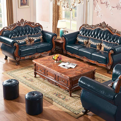 Customized European Leather Sofa High-end Living Room American First Layer Cowhide Luxury Solid Wood Carved Villa Blue 123 Seats