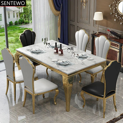 Popular Luxury Marble kitchen dining table and 6 dinner chairs set Stainless steel gold leg frame home furniture esstisch mit