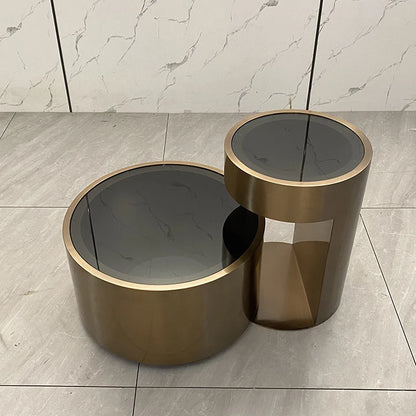 Luxury Rose Gold Bronze Brushed Plated Stainless Steel Round Centre Living Room Sofa Black Marble Coffee Table