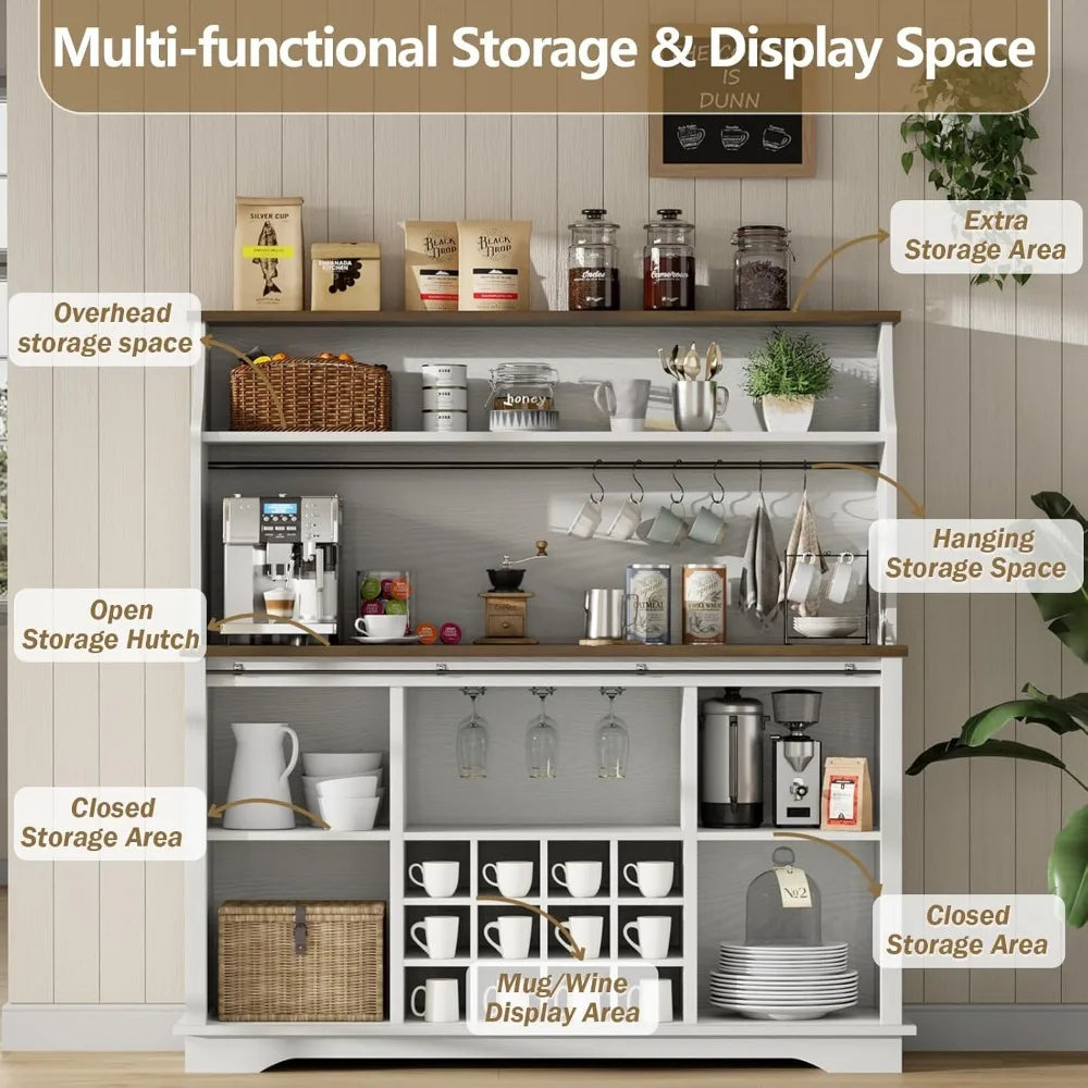 55" Farmhouse Coffee Bar with 3-Tier Storage, Kitchen Hutch Storage Cabinet with 6 Hooks, Wine Bar Cabinet with 12 Wine Racks