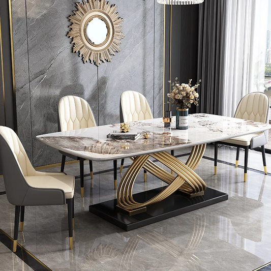 Luxury Unique Design Stainless Steel Dining Tables and Chairs Marble Rectangular Modern Dining Table Set