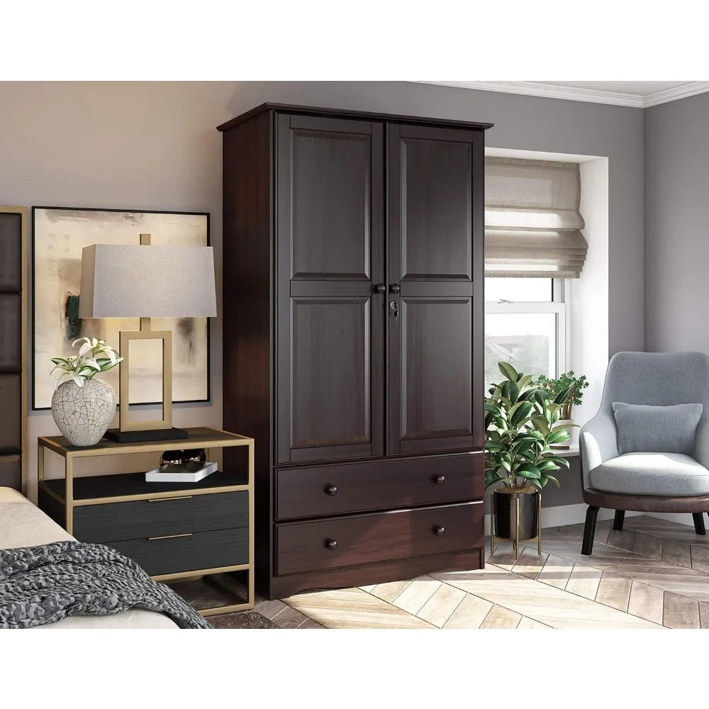 Imports Solid Wood Smart Wardrobe/Armoire/Closet, White, 40" W x 72" H x 21" D, 1 Clothing Rods, 1 Lock, 2 Drawers Included