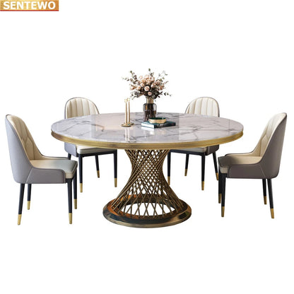 Designer Luxury round dinning Marble Rock Slab dining table set 4 chairs mesa comedor furniture marbre Stainless steel gold base