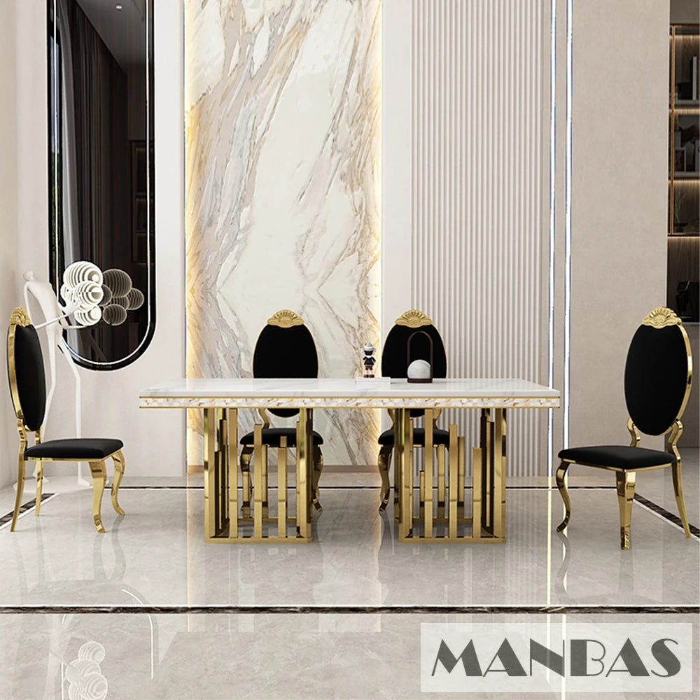 Luxury Dining Room Set: 8 MINGDIBAO Stainless Steel Genuine Leather Chairs, and Rectangle Table Made In Marble and Sea Shell