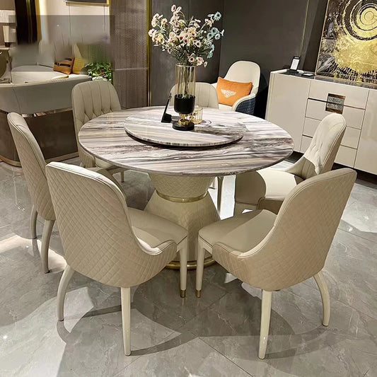 Premium Quality Dining Room Set:Linlamlim Stainless Steel Round Dining Table and 6 Genuine Leather Chairs Home Kitchen Furniture