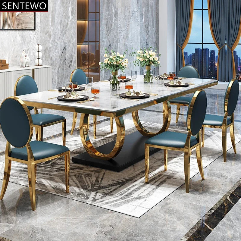 SENTEWO Luxury Marble Dining Table and 8 Dinning Chairs Stainless Steel Golden Leg Frame Dinner Table Chair Set Haute De Cuisine