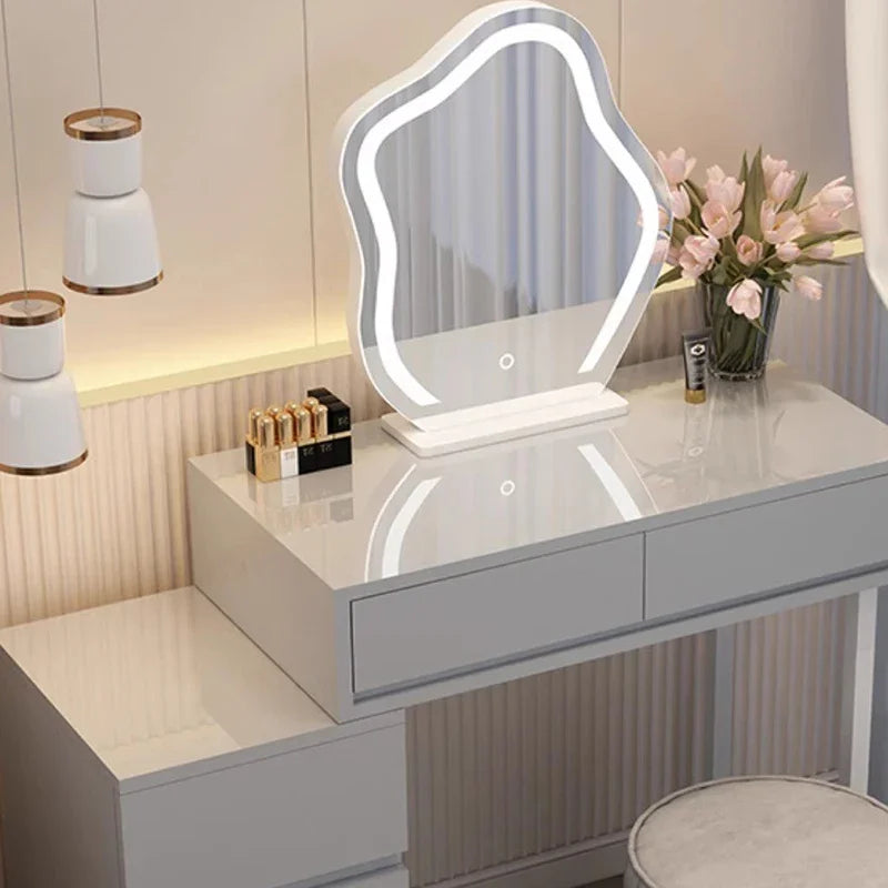 Fashion Mirror Dressing Table Woman Led Lights Modern Classic Makeup Table Drawer Chair Comfortable Coiffeuse Bedroom Furniture