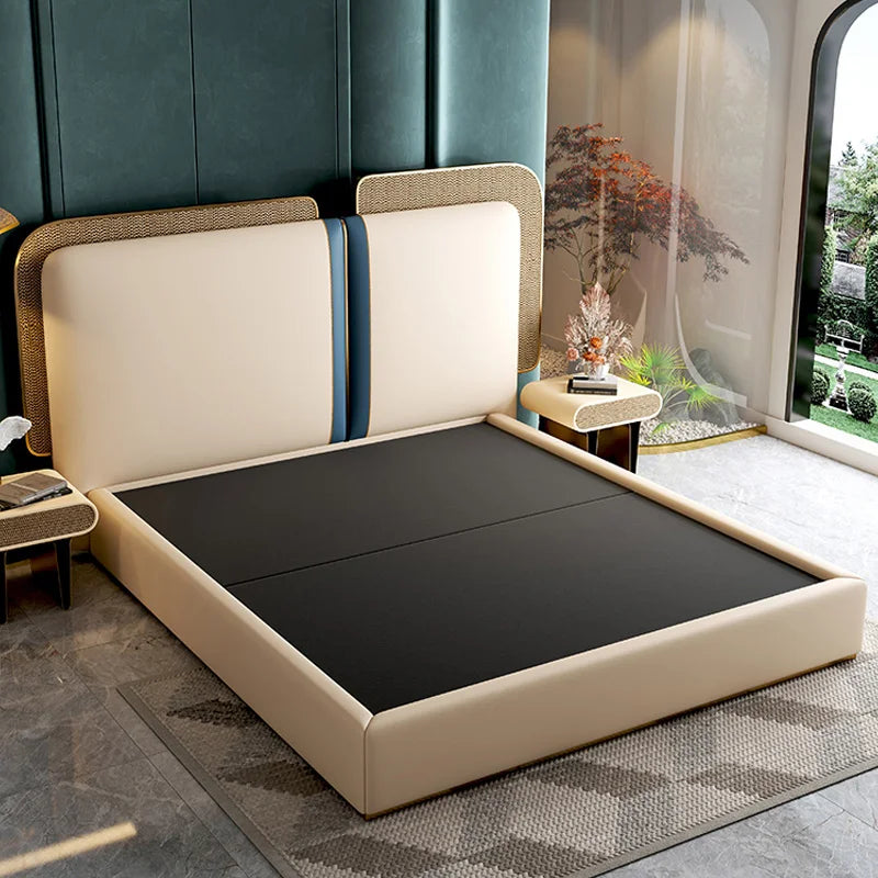 Light Luxury King/Queen Bed Modern Leather Bed and Bedside Table for Bedroom Cream Color