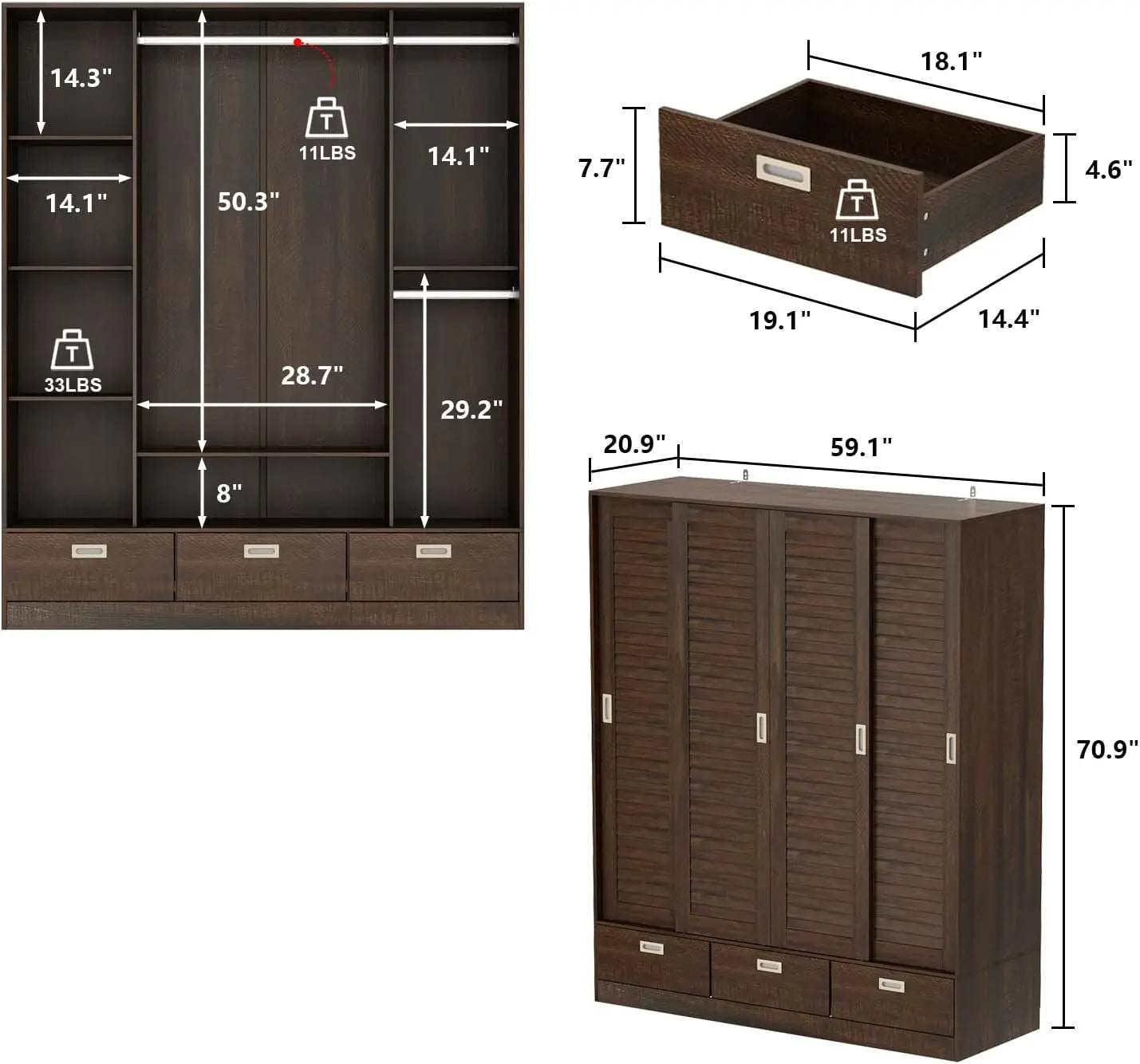 Large Wardrobe Armoire w/4 Sliding Doors,Hanging Rods & Storage Shelves,Wooden Closet w/Silver Handles for Bedroom,Brown/White