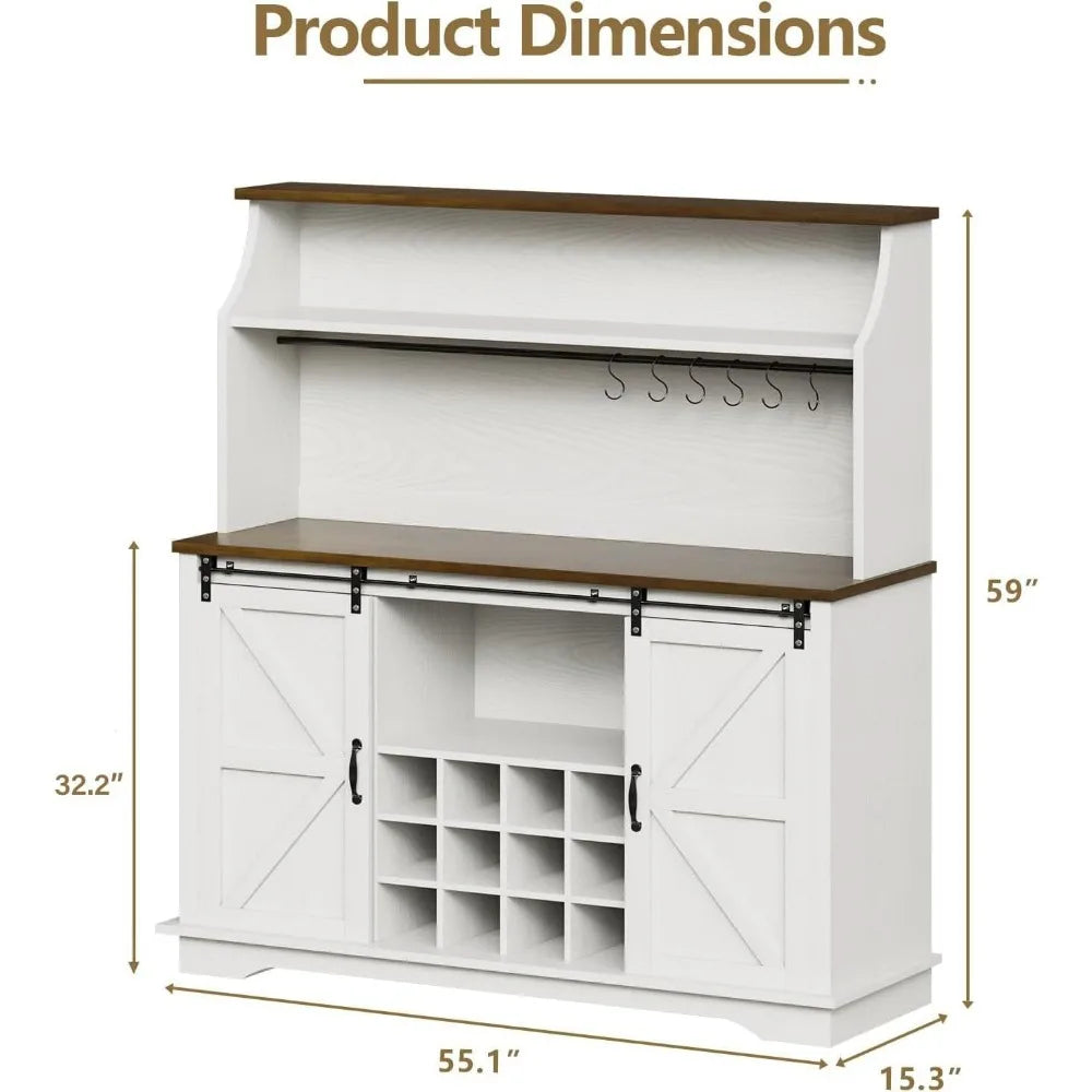 55" Farmhouse Coffee Bar with 3-Tier Storage, Kitchen Hutch Storage Cabinet with 6 Hooks, Wine Bar Cabinet with 12 Wine Racks