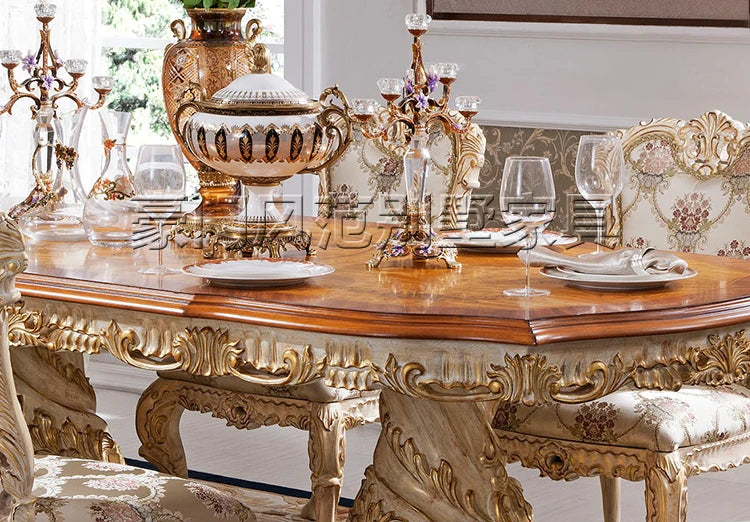 Rich family style European-style full-solid wood dining tables and chairs French rural gold painted gold to do direct sales of o