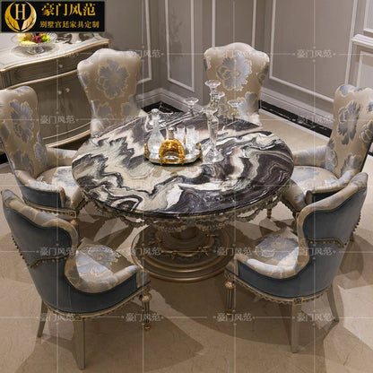 French luxury round table European-style full solid wood marble round table high-end villa one table and six chairs