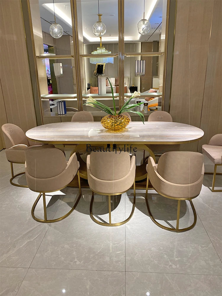 Italian Mild Luxury Marble Dining Tables and Chairs Set Post-Modern Household Rectangular