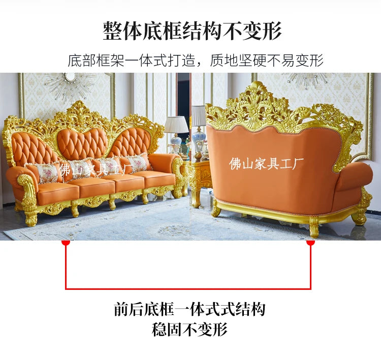 Luxury European Style Solid Wood and Genuine Leather Living Room Furniture Sofa Set 1234 for Large Villa House Paint and Carving