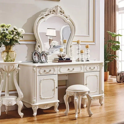 Light Luxury European Dressers for Bedroom Princess Furniture Ins White Dressing Table Makeup Vanity Table with Light Mirror Set