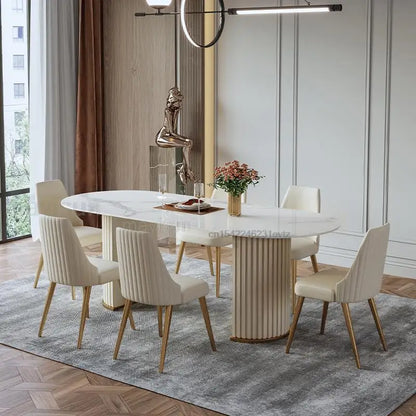 Oval Dining Table Set Concise Design Golden Stand Luxury Furniture Glossy Rock Board Home Decor Ivory Kitchen Table And Chairs