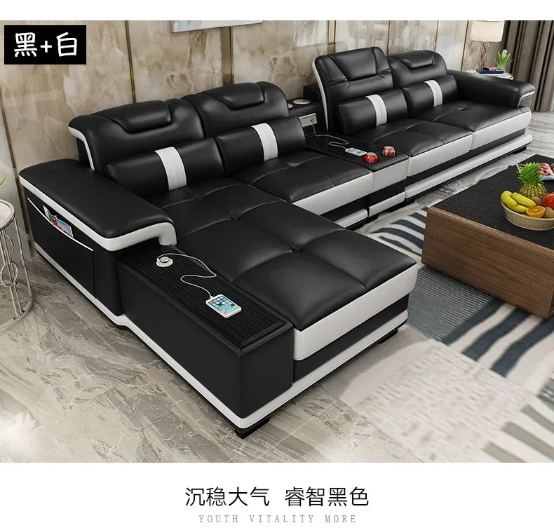 Luxury Italian Genuine Leather Sectional Sofa Set with Bluetooth Speaker and USB Ports Cow Leather Living Room Couch Set