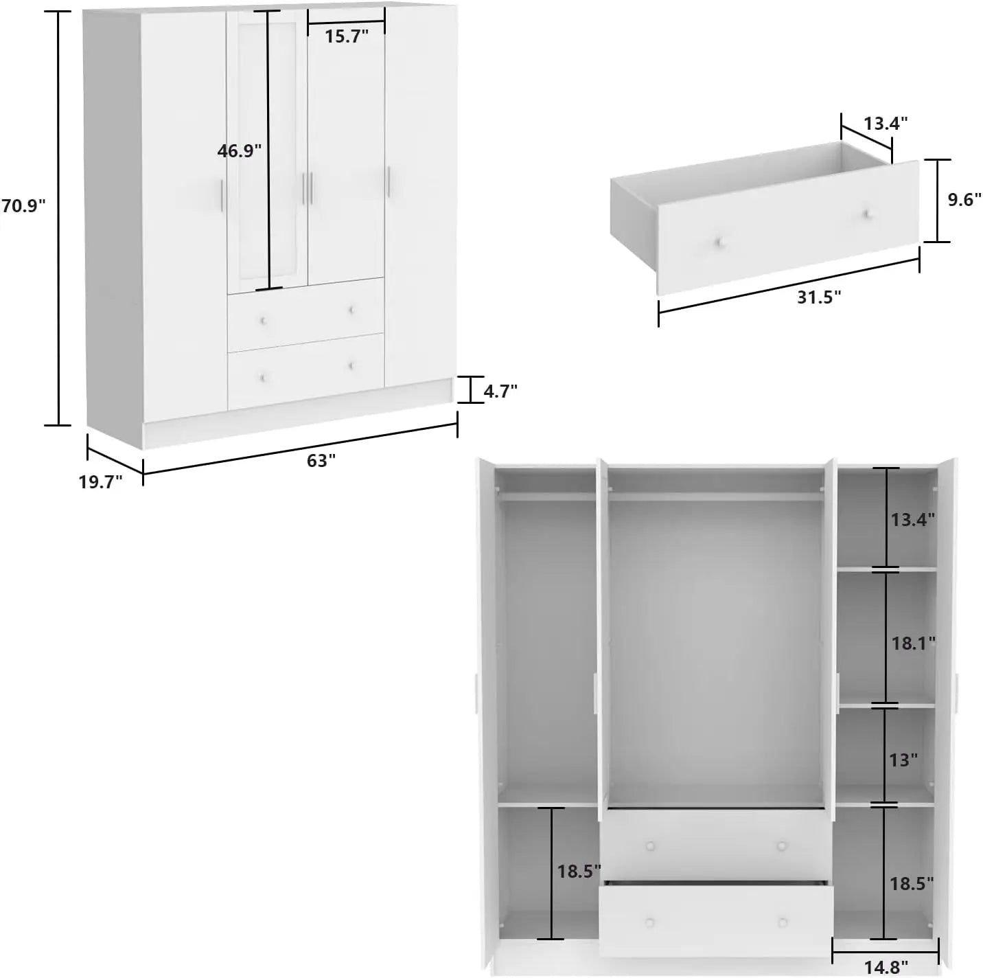 Wardrobe Armoire w/Mirror,5-Tier Shelves,2 Drawers,2 Hanging Rods &4 Doors,Wooden Closet Storage Cabinet for Bedroom,White/Brown