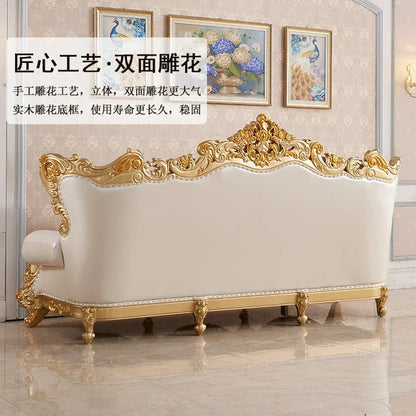 European leather sofa combination living room cowhide sofa large solid wood carved gold