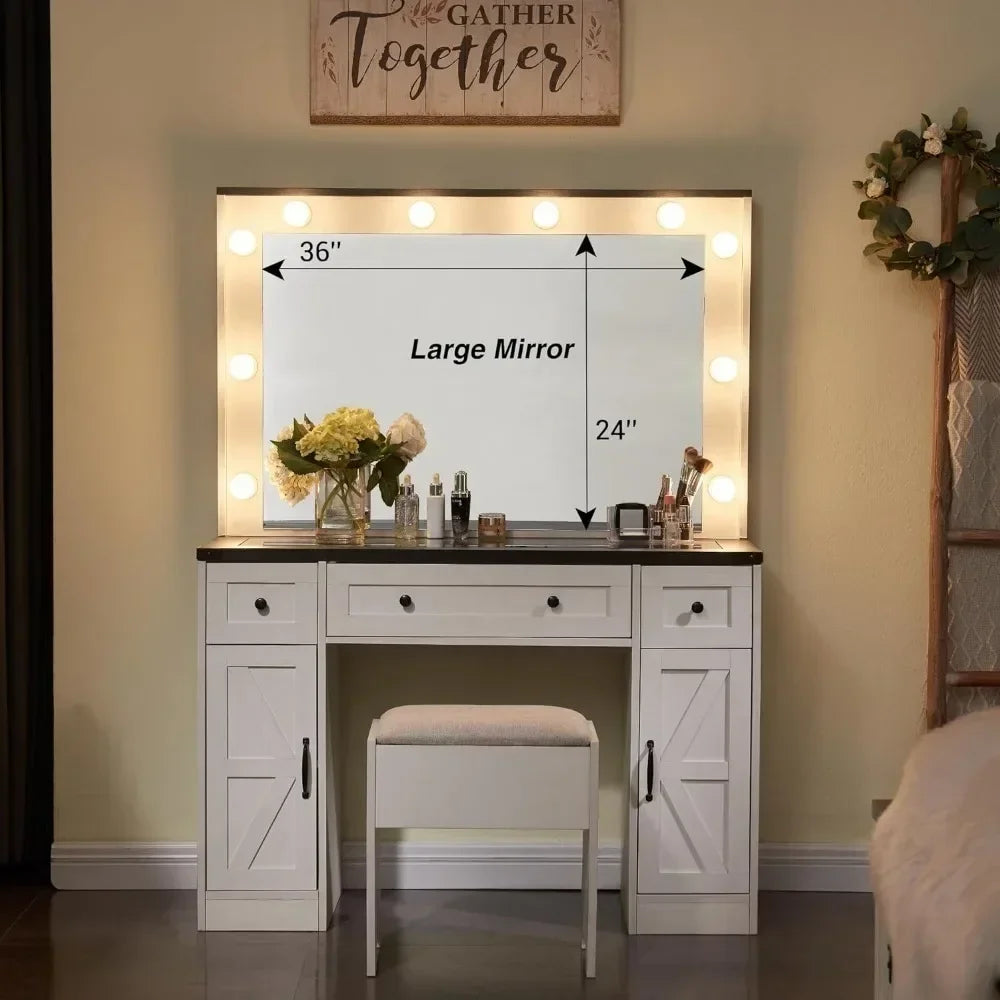 43" Makeup Vanity Desk w/ Mirror & Lights for Bedroom,Farmhouse Dressing Table w/3 Drawers,2 Cabinets & Stool, White/Black/Brown