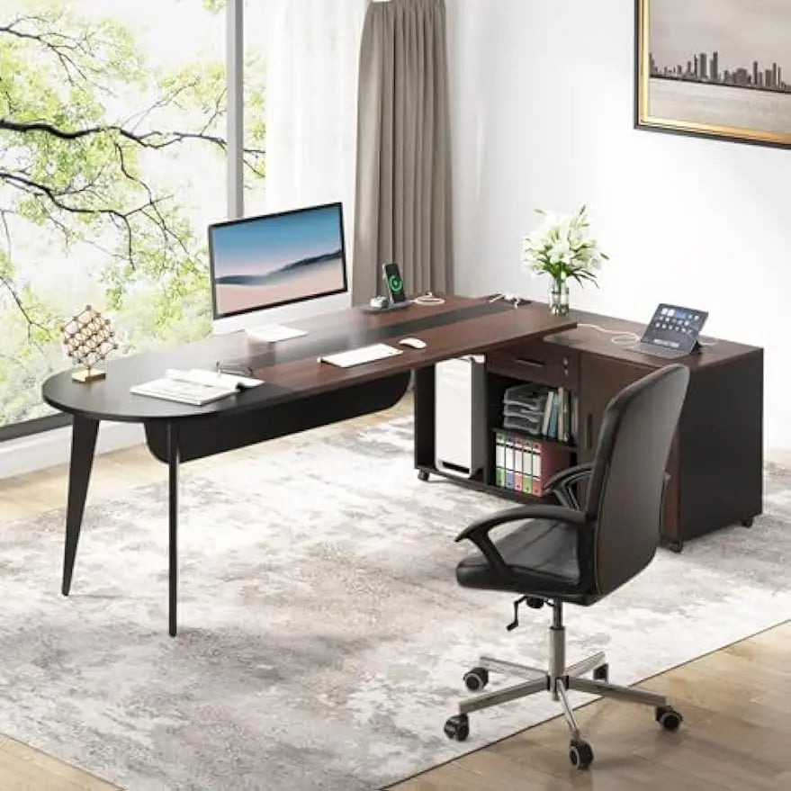 70.9'' Executive Desk with Power Outlet & Drawer Cabinet, Large L-Shaped Home Office w/ Storage Shelves, Modern Computer Desk