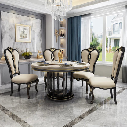 American light luxury solid wood round table luxury ebony European marble dining table and chair combination 6-person dining tab