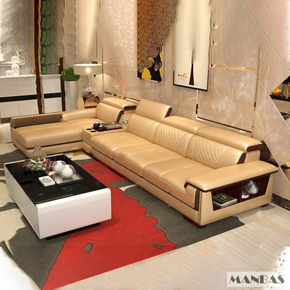 Italian Genuine Leather Sectional Sofa Set with Cup Holder, Adjustable Headrests & Bluetooth Speaker Living Room Couch