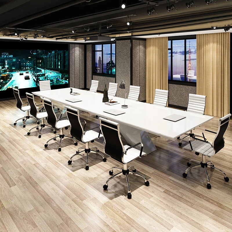 White painted minimalist modern large office strip conference table and chair combination