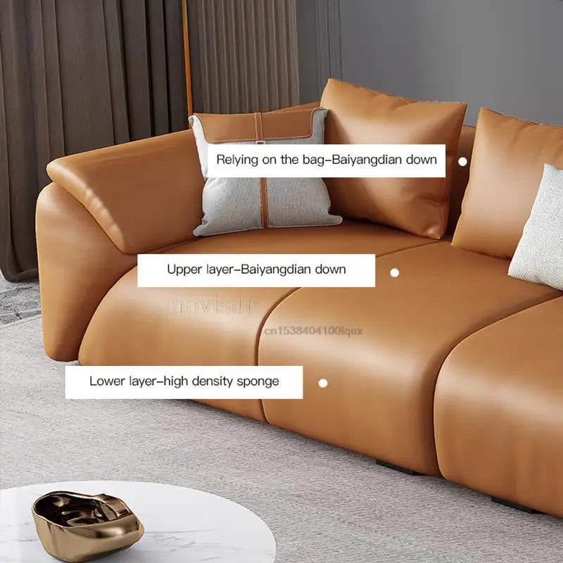 Hot Sale Light Luxury Leather Sofa First Layer Cowhide Nordic Small Apartment Living Room Three-Person Chaise Corner Down Sofa