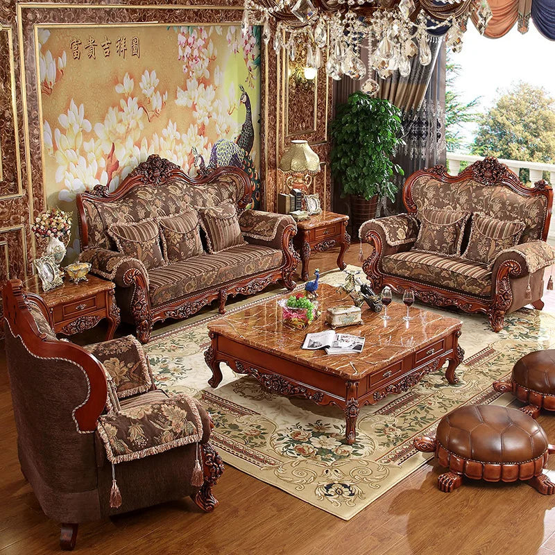 Living room furniture European style cloth art sofa style solid wood carved set luxury furniture